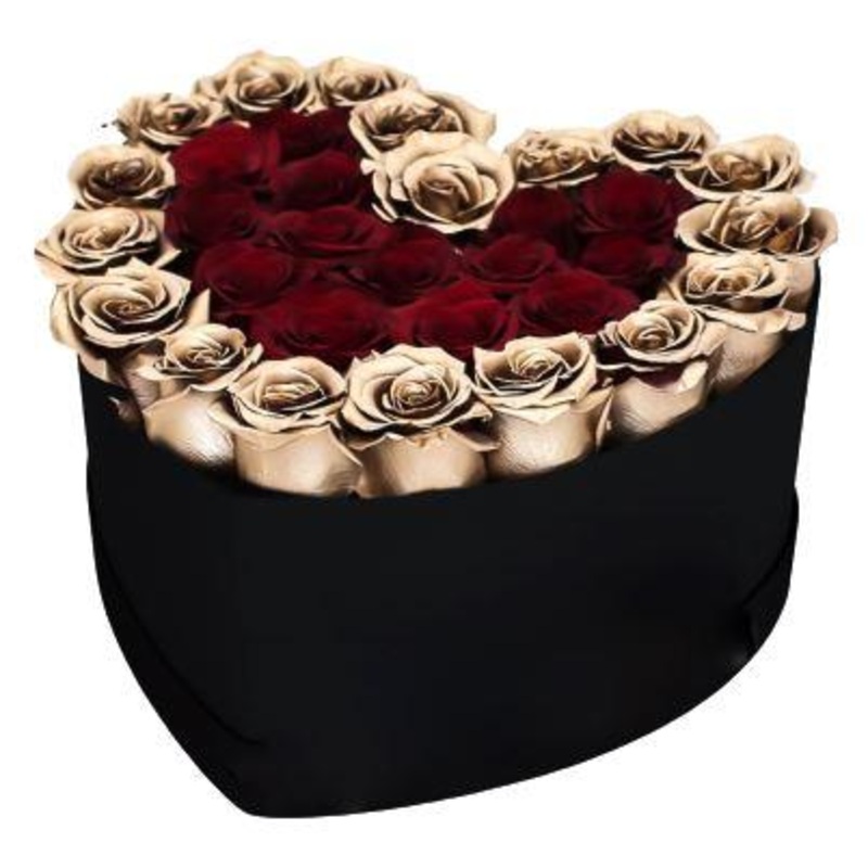 Red and Gold Roses Heart Box-Small (20 stems) & Regular (30 stems) & Large (40 stems) & Extra Large (50 stems) & Luxury (60 stems) & Extra Large (80 stems) & Glamour (100 stems) & Exclusive Glamour (120 stems)-Heart Box & Square Box & Hat Box-BLACK BOX &