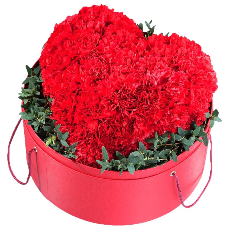 Red Carnations Heart in a Box-Small (45 stems) & Regular (60 stems) & Large (80 stems) & Luxury (100 stems) & Glamour (120 stems) & Exclusive Glamour (140 stems) & Premium (160 stems) & Premium Extra (180 stems) & Posh (200 stems)-Hat Box & Heart Box-RED