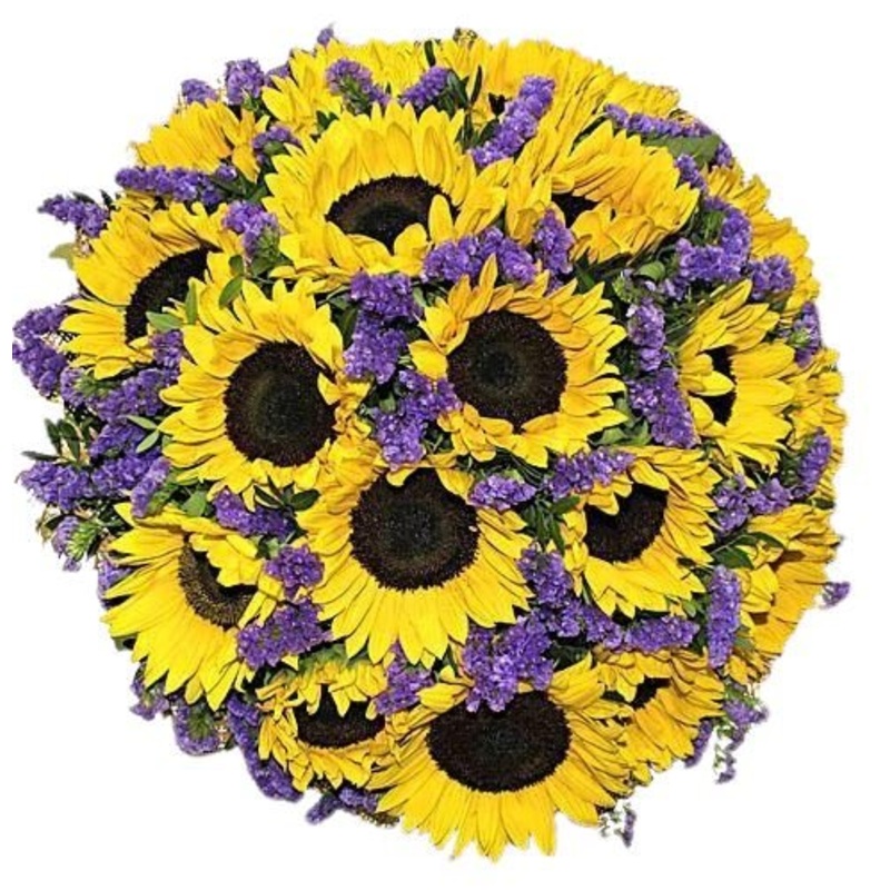 Sunflowers in Purple Bouquet-Extra Small (5 Sunflowers + Limonium) & Small (10 Sunflowers + Limonium) & Regular (15 Sunflowers + Limonium) & Medium (20 Sunflowers + Limonium) & Large (25 Sunflowers + Limonium) & Extra Large (30 Sunflowers + Limonium) & Lu