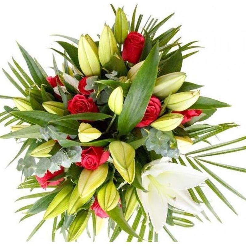 White Lily & Cerise Roses Bouquet