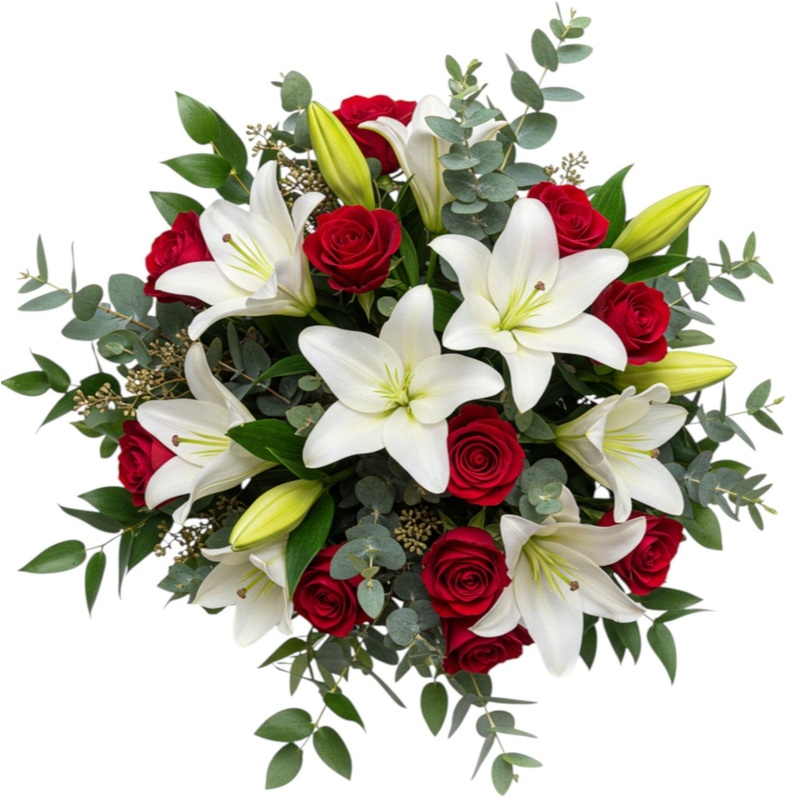 White Lily & Roses Bouquet-Extra Small (10 stems) & Small (15 stems) & Regular (20 stems) & Large (30 stems) & Extra Large (40 stems) & Luxury (50 Stems) & Glamour (65 stems) & Exclusive Glamour (85 stems) & Premium (100 stems) & Premium Extra (120 stems)
