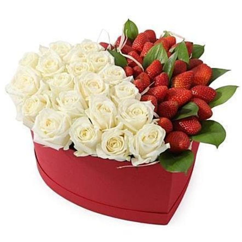 White Roses & Strawberries Heart Box