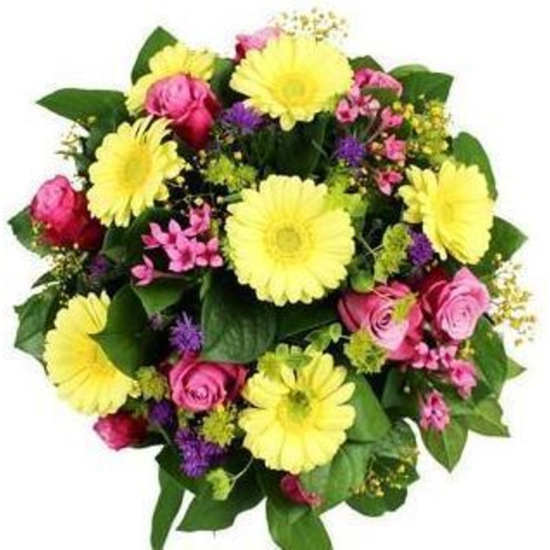 Yellow Gerber & Roses Bouquet-Extra Small (15 stems) & Small (20 stems) & Medium (25 stems) & Regular (30 stems) & Large (40 stems) & Extra Large (50 stems) & Premium (60 stems) & Premium Extra (70 stems) & Deluxe (80 stems) & Deluxe Extra (100 stems)