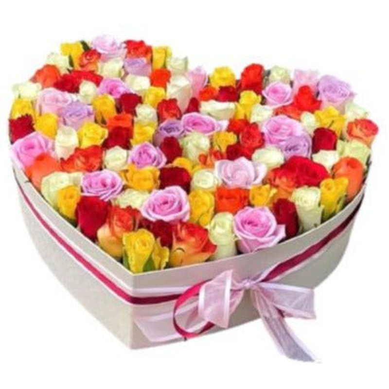 Colorful Roses Heart Box-Small (20 stems) & Regular  (30 stems) & Extra Large (40 stems) & Luxury (50 stems) & Glamour (80 stems) & Exclusive Glamour (100 stems) & Premium (125 stems) & Premium Extra (150 stems) & Posh (200 stems)-Heart Box & Hat Box-CREA