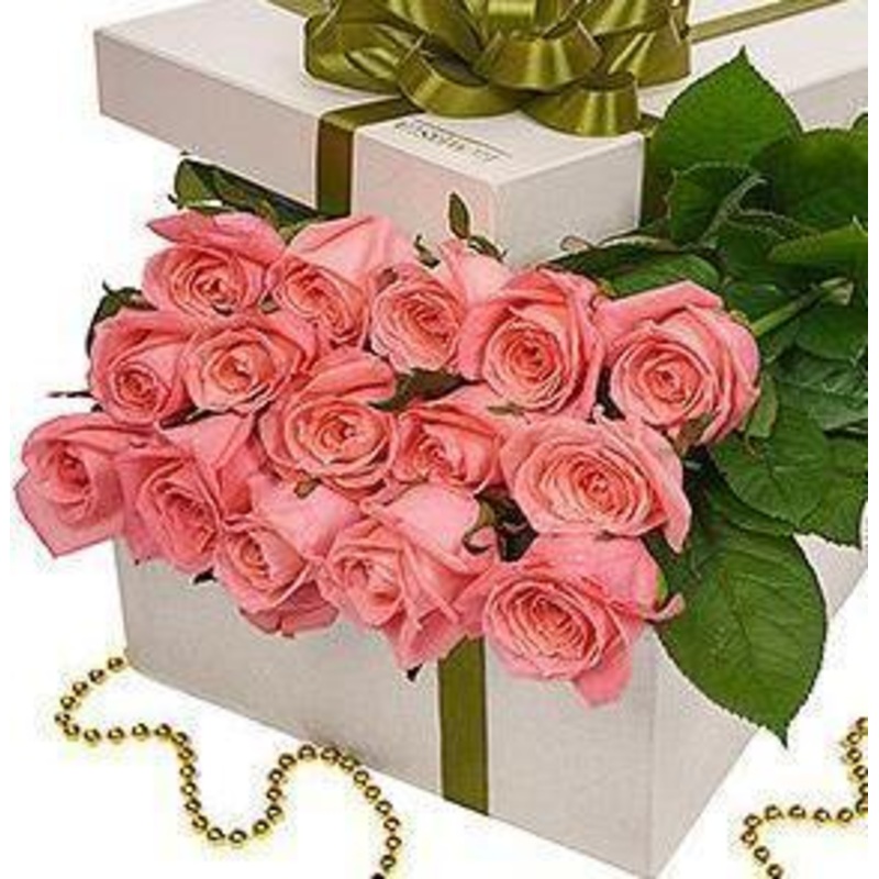 Dozen Pink Roses Luxury Box-Pink & Light Pink & Cerise-CREAM & GRAY & BLACK