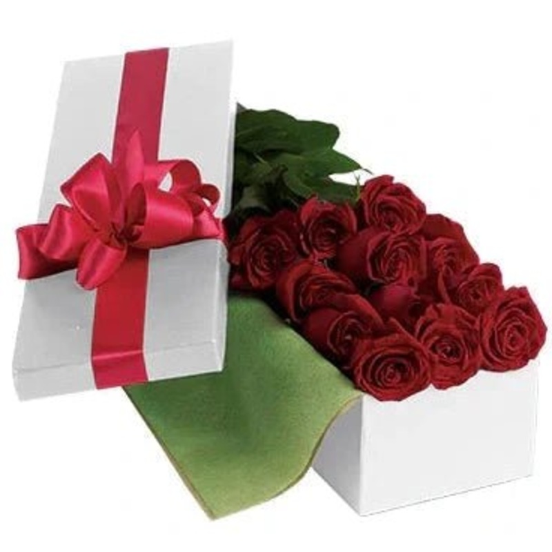 Dozen Red Roses Luxury Box-CREAM & GRAY & RED & GOLD