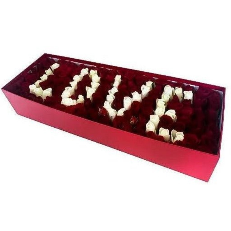 Just Love Roses Box-Regular (80 stems) & Large (100 stems) & Extra Large (120 stems) & Glamour (140 stems) & Exclusive Glamour (180 stems) & Premium (200 stems) & Posh (250 stems)-Red (Background) + White (Lettering) & White (Background) + Red (Lettering)