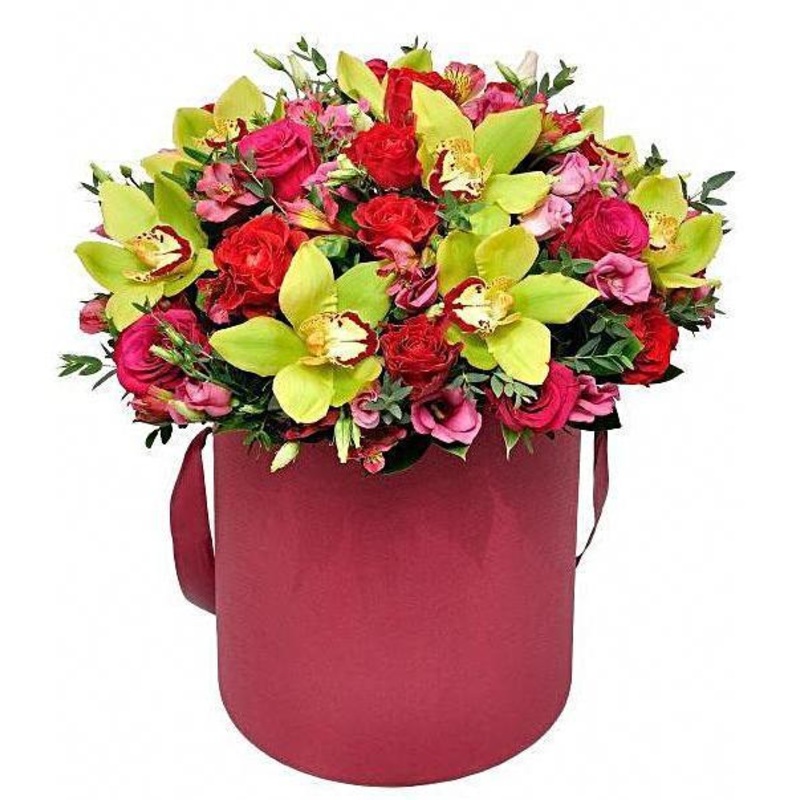 Orchids and Roses Hat Box-Small (15 stems) & Regular (20 stems) & Large (30 stems) & Extra Large (40 stems) & Luxury (50 stems) & Glamour (65 stems) & Exclusive Glamour (80 stems) & Premium (100 stems) & Posh (120 stems)-Hat Box & Heart Box & Square Box-R