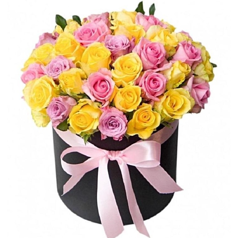 Pink and Yellow Roses Hat Box-Small (20 stems) & Regular ( 30 stems) & Large (40 stems) & Extra Large (50 stems) & Luxury (60 stems) & Glamour (80 stems) & Exclusive Glamour (100 stems) & Premium (120 stems) & Premium Extra (140 stems) & Deluxe (160 stems