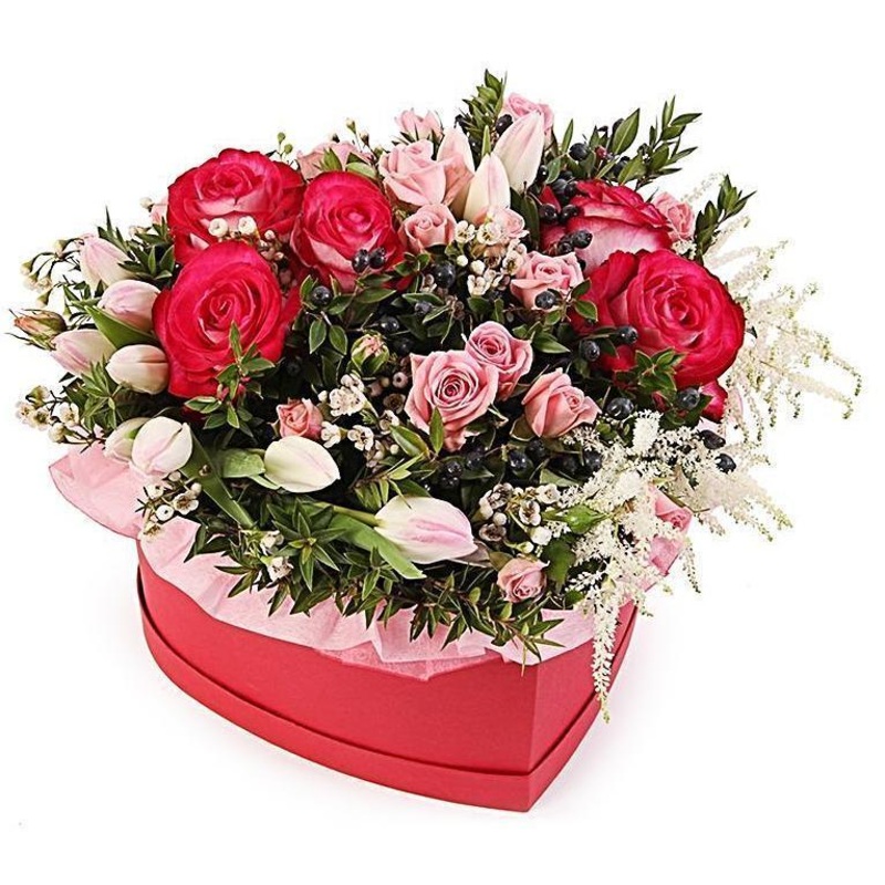 Pink Garden Heart Box-Extra Small (15 stems) & Small (20 stems) & Regular (25 stems) & Large (35 stems) & Luxury (45 stems) & Glamour (60 stems) & Exclusive Glamour (80 stems) & Premium (100 stems)-Heart Box & Hat Box & Square Box-RED BOX & BLACK BOX & PI