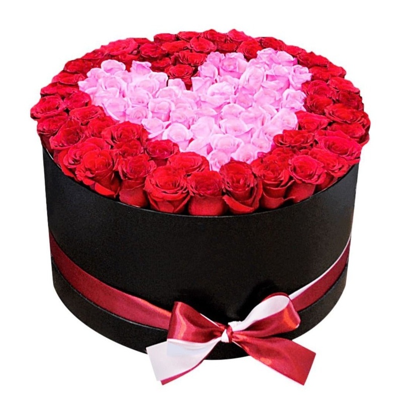 Pink Heart on Red Box-Regular (30 stems) & Large (50 stems) & Extra Large (60 stems) & Luxury (70 stems) & Glamour (90 stems) & Exclusive Galmour (110) & Premium (140 stems) & Premium Extra (160 stems) & Posh (200 stems)-Hat Box & Heart Box & Rectangle Bo