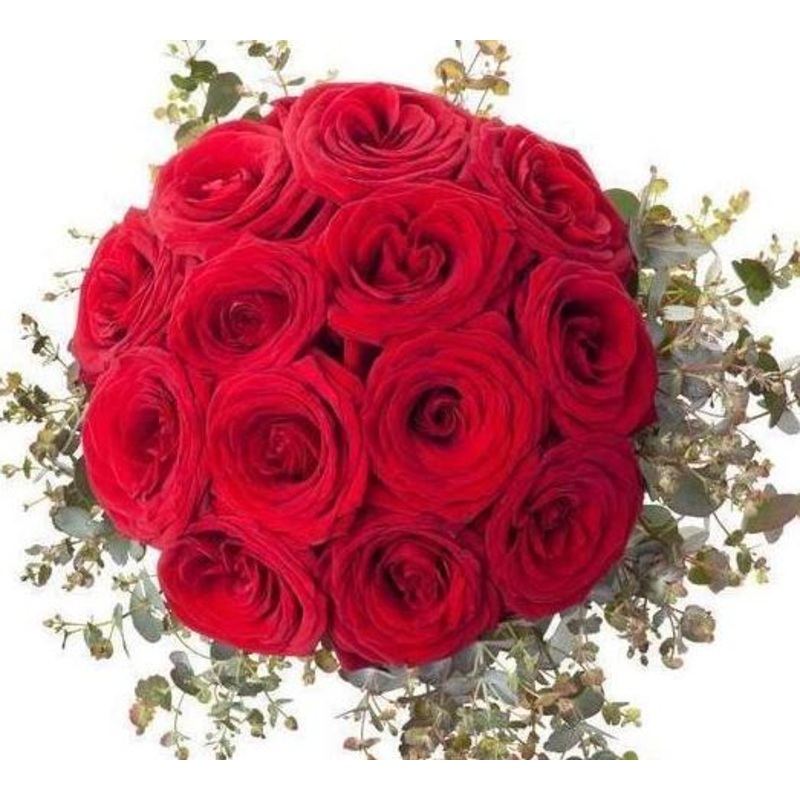 Romantic Red Roses Bouquet With Eucalyptus