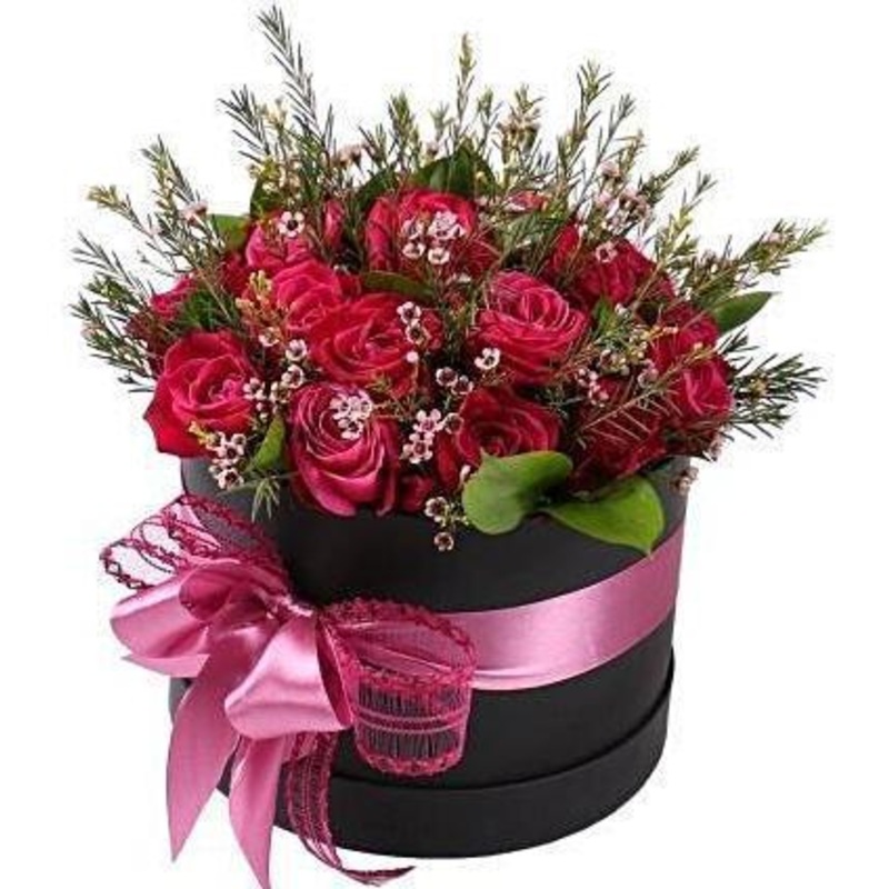 Tenderness Hat Box-Small (12 stems) & Regular (18 stems) & Large (25 stems) & Extra Large (30 stems) & Luxury (35 stems) & Glamour (50 stems) & Exclusive Glamour (60 stems) & Premium (80 stems) & Posh (100 stems)-Hat Box & Heart Box & Square Box-BLACK & C