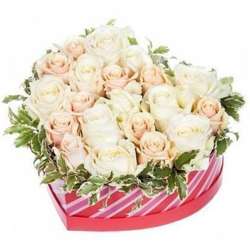 White and Peach Roses Box-Small (15 stems) & Regular (25 stems) & Large (35 stems) & Extra Large (45 stems) & Luxury (50 stems) & Glamour (60 stems) & Exclusive Glamour (70 stems) & Premium (80 stems) & Posh (100 stems)-Heart Box & Hat Box-RED BOX & CREAM