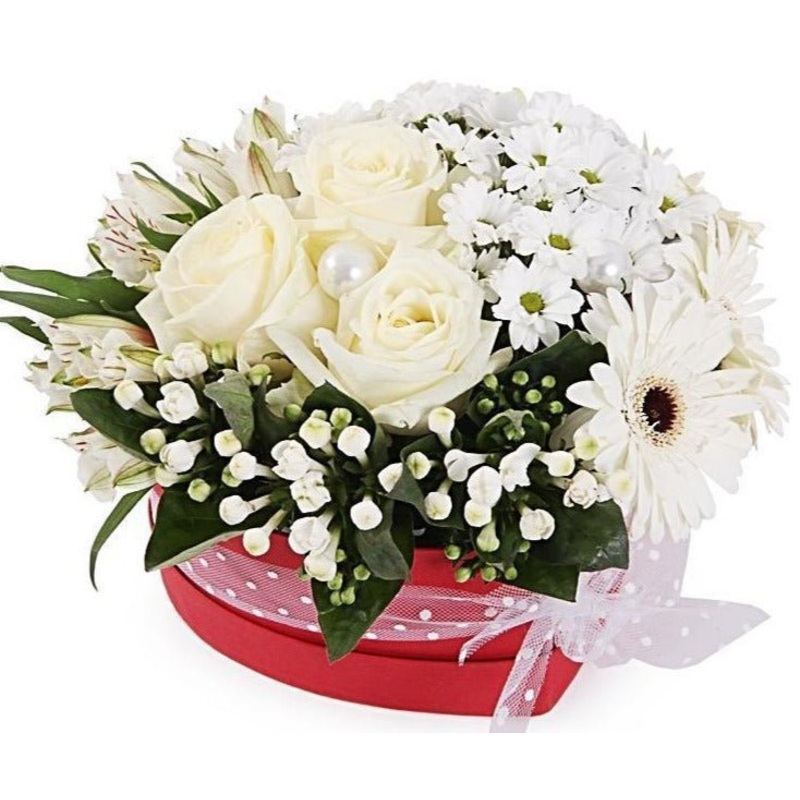 White Flowers Rain Heart Box-Extra Small (15 stems) & Small (20 stems) & Regular (25 Stems) & Large (35 Stems) & Extra Large (40 stems) & Luxury (50 Stems) & Glamour (60 stems) & Exclusive Glamour (80 stems) & Premium (100 stems)-Heart Box & Hat Box & Squ