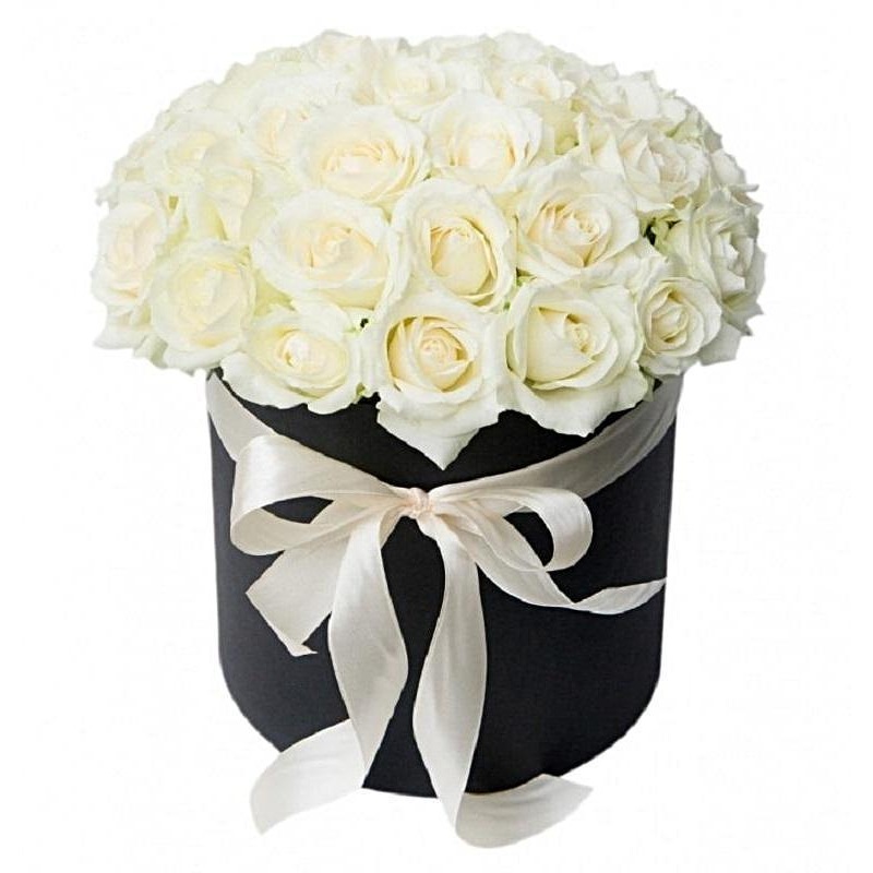 White Roses Box-Small (10 stems) & Regular (20 stems) & Large (30 stems) & Extra Large (40 stems) & Luxury (50 stems) & Glamour (70 stems) & Exclusive Glamour (100 stems) & Premium (125 stems) & Posh (150 stems)-Hat Box & Heart Box & Square Box-BLACK & RE