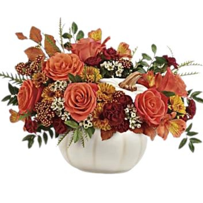 Autumn White Pumpkin Flowers Arrangement