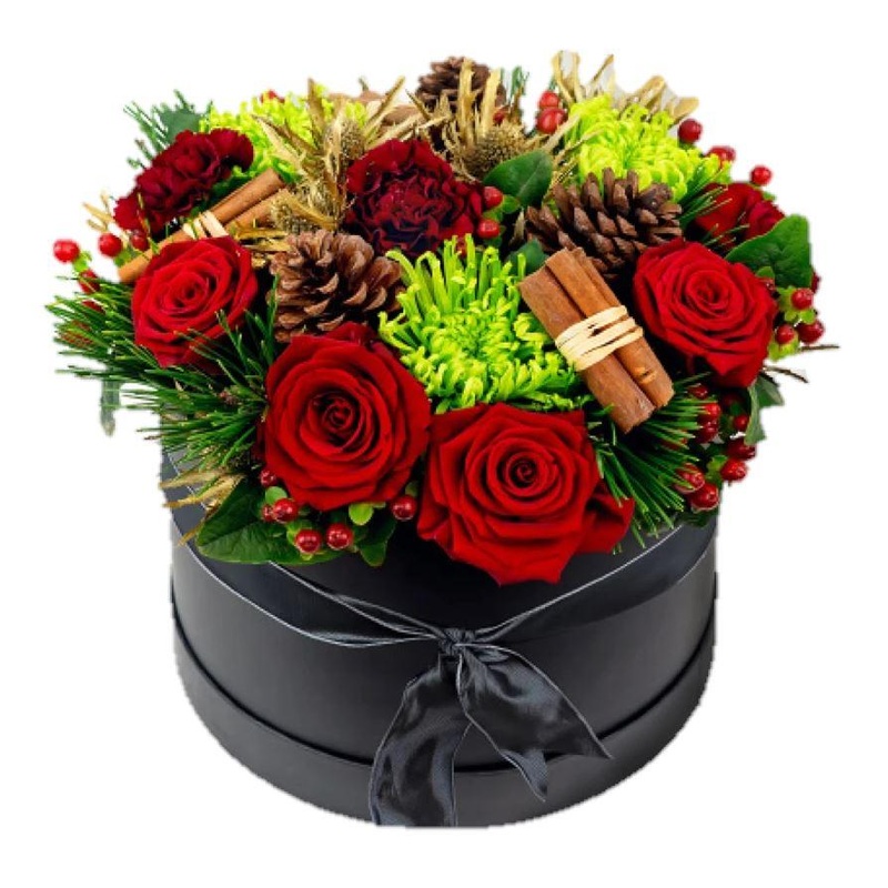 Green and Red Festive Hat Box-Small (15 stems) & Regular (20 stems) & Medium (25 stems) & Large (30 stems) & Extra Large (35 stems) & Luxury (40 stems)-Hat Box & Square Box & Heart Box-Black Box & Red Box & Green Box & Cream Box & Gray Box