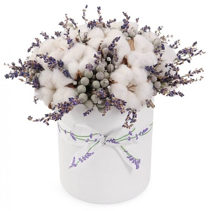 Snowing and Lavender Hat Box-Regular (15 stems) & Large (20 stems) & Extra Large (25 stems) & Luxury (30 stems) & Glamour (45 stems) & Exclusive Glamour (60 stems)-Hat Box & Square Box & Heart Box-White Box & Lavender Box & Grey Box & Black Box & Green Box