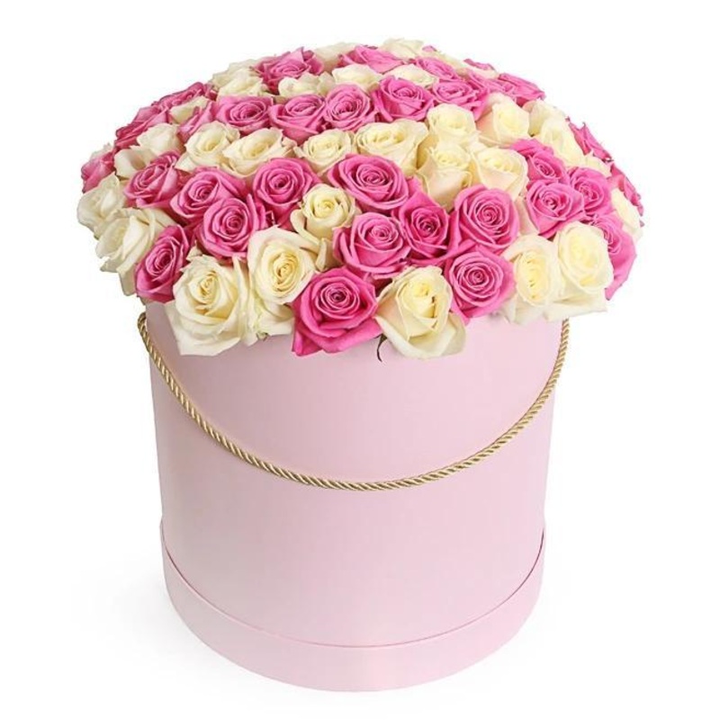 White and Pink Roses Box-Small (20 stems) & Regular (40 stems) & Medium (50 stems) & Large (60 stems) & Extra Large (80 stems) & Luxury (100 stems) & Glamour (120 stems) & Exclusive Glamour (140 stems) & Premium (160 stems) & Posh (200 stems)-Hat Box & He