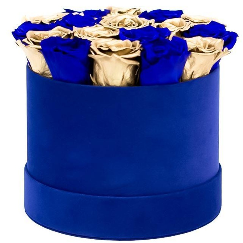 Blue and Gold Roses Hat Box-Extra Small (12 stems) & Small (20 stems) & Regular (25 stems) & Large (30 stems) & Extra Large (40 stems) & Luxury (50 stems) & Glamour (80 stems) & Exclusive Glamour (100 stems)-Hat Box & Heart Box & Square Box-BLUE & GOLD &