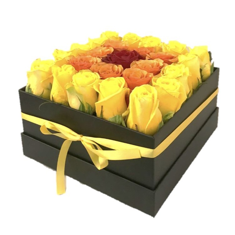 Colored Trio Roses Cube Box-Small (25 stems) & Medium (36 stems) & Regular (49 stems) & Large (64 stems) & Extra Large (81 stems) & Luxury (100 stems) & Glamour (121 stems) & Exclusive Glamour  (144 stems) & Premium (169 stems)-Square Box & Hat Box & Hear