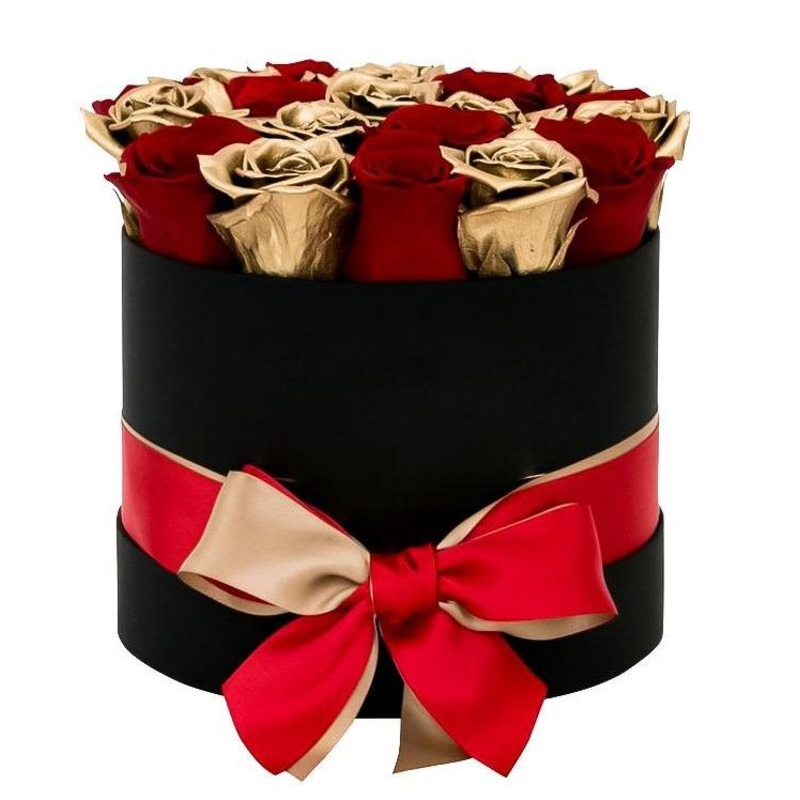 Gold and Red Roses Hat Box-Small (16 stems) & Regular (30 stems) & Large (50 stems) & Extra Large (70 stems) & Luxury (90 stems) & Glamour (130 stems) & Exclusive Glamour (150 stems)-Hat Box & Heart Box & Square Box-Black & Red & Cream & Gold