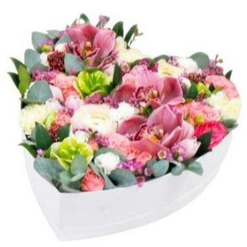 Pink Cymbidium and Tulips Heart Box