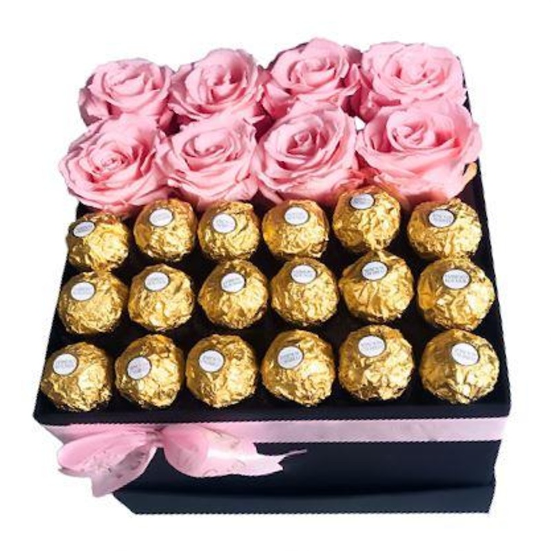 Pink Roses and Chocolate Box-6 Roses + 8 Chocolates & 8 Roses + 18 Chocolates & 10 Roses + 26 Chocolates & 12 Roses + 35 Chocolates-Ferrero Rocher & Raffaello & Mixed Raffaello and Ferrero Rocher-Black & Cream