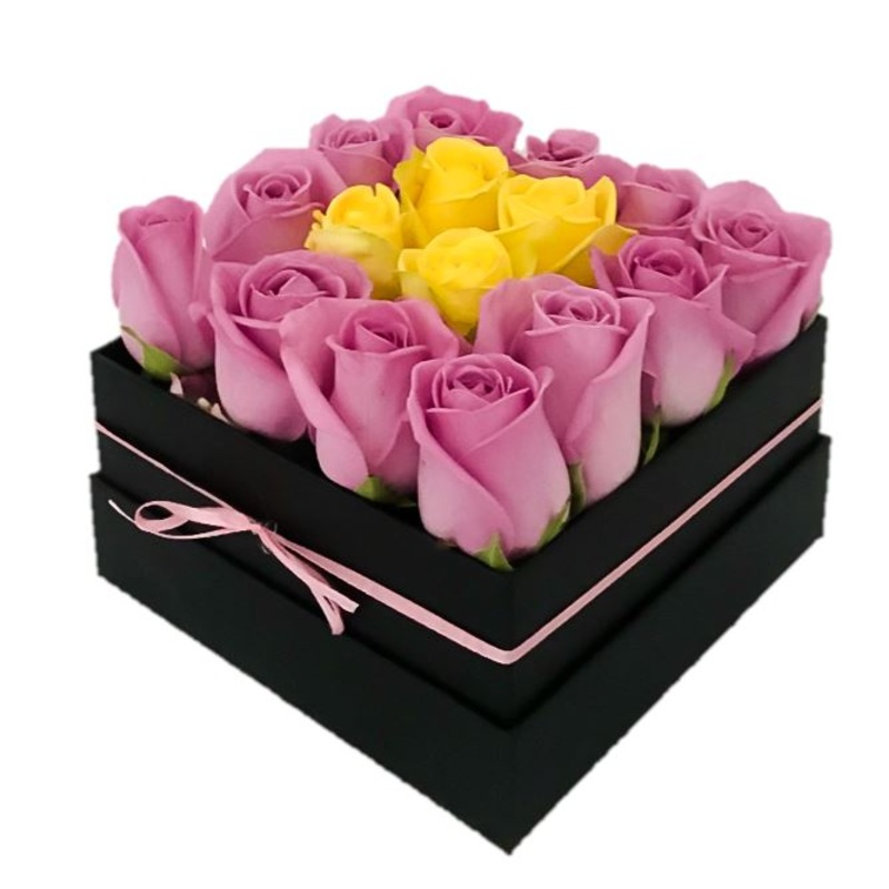 Pink & Yellow Roses Box-Small (9 stems) & Medium (12 stems) & Regular (16 stems) & Large (20 stems) & Extra Large (25 stems) & Luxury (30 stems) & Glamour (36 stems) & Exclusive Glamour (49 stems) & Premium (64 stems) & Premium Extra (81 stems) & Posh (10