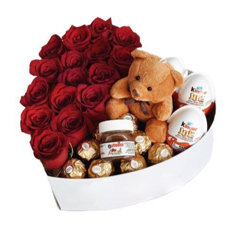 Roses Chocolate and Teddy Box-Small (15 Roses + 3 Kinder Surprise + 9 Ferrero +1 Nutella or Jam + Teddy) & Medium (20 Roses + 4 Kinder Surprise + 13 Ferrero + 2 Nutella or Jam + Teddy) & Large  (30 Roses + 5 Kinder Surprise + 18 Ferrero + 3 Nutella or Jam