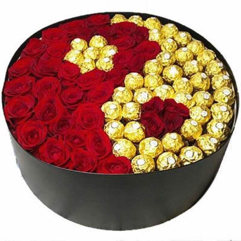 Sweet Love Chocolate Hat Box-Small (30 Roses + 32 Ferrero) & Regular (40 Roses +48 Ferrero) & Large (50 Roses +68 Ferrero) & Luxury (60 Roses + 80 Ferrero) & Glamour (80 Roses +80 Ferrero )-Red & Pink & White & Yellow-Black & Gold & Cream & Pink & Red
