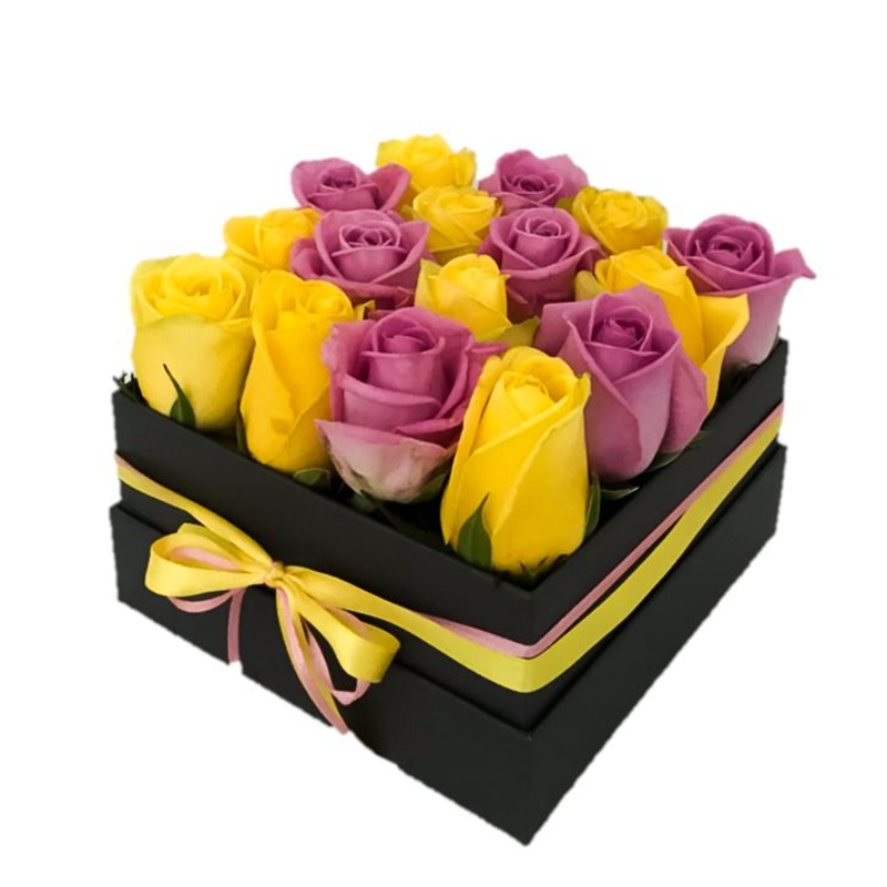Yellow & Pink Roses Box-Small (6 stems) & Medium (9 stems) & Regular (12 stems) & Large (16 stems) & Extra Large (20 stems) & Luxury (25 stems) & Glamour (30 stems) & Exclusive Glamour (36 stems) & Premium (49 stems) & Premium Extra (64 stems) & Premium L
