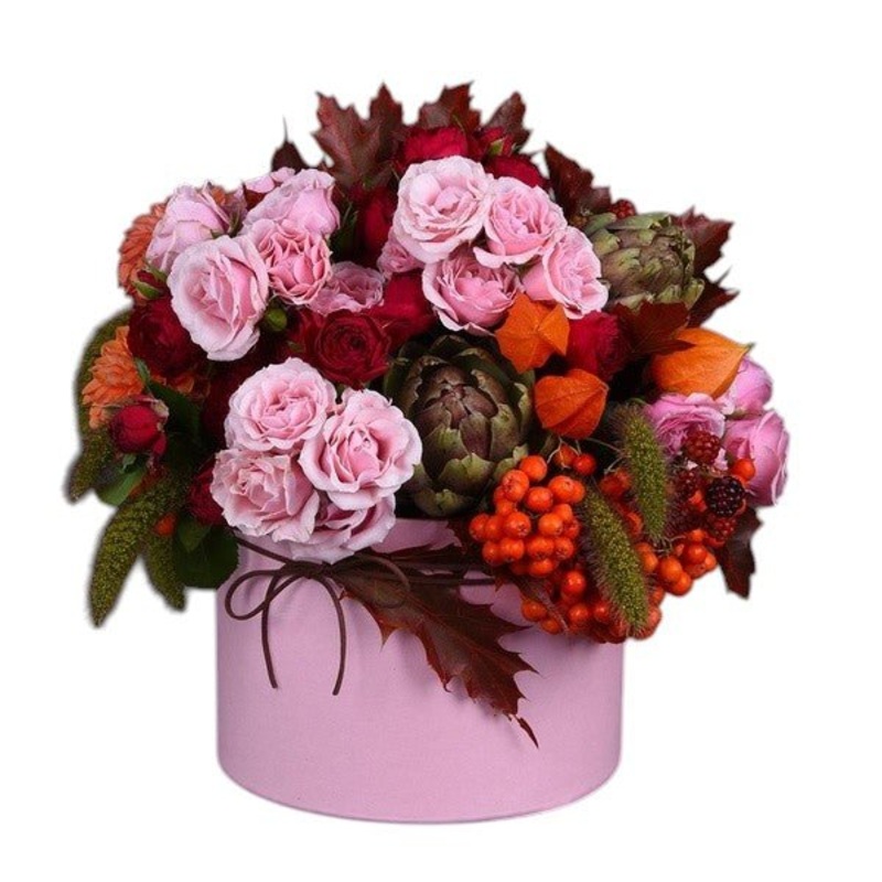 Autumn in a Pink Flower Box-Small (15 stems) & Regular (20 stems) & Large (30 stems) & Extra Large (40 stems) & Luxury (50 stems) & Glamour (60 stems) & Exclusive Glamour (80 stems) & Premium (90 stems) & Posh (100 stems)-Hat Box & Heart Box & Square Box-