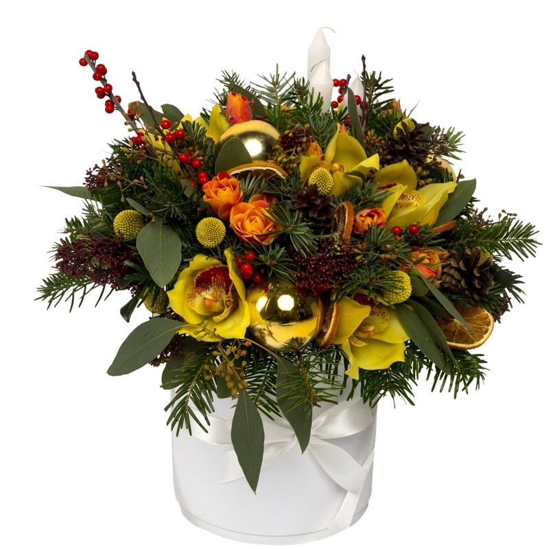 Christmas Box with Cymbidium-Extra Small (15 stems) & Small ( 20 stems) & Regular (25 stems) & Medium (30 stems ) & Large (40 stems) & Extra Large (50 stems) & Luxury ( 60 stems) & Glamour (70 stems)-White Box & Black Box & Orange Box & Gold Box-Hat Box &