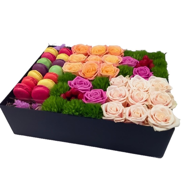 Colorful Roses with Macaroons-Small (18 Stems + 6 Macaroons) & Medium (30 Stems + 6 Macaroons) & Large (36 Stems + 12 Macaroons) & Extra Large (49 Stems + 12 Macaroons) & Luxury (72 Stems + 24 Macaroons)-White & Black & Red