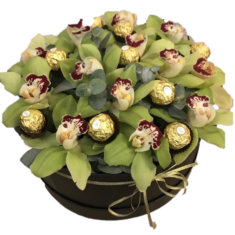 Cymbidium with Chocolate Box-Small (10 Stems + 10 Chocolate) & Regular (16 Stems + 16 Chocolate) & Large (22 Stems + 24 Chocolate) & Extra Large (32 Stems + 34 Chocolate) & Luxury (48 Stems + 40 Chocolate) & Glamour (70 Stems + 55 Chocolate) & Exclusive G