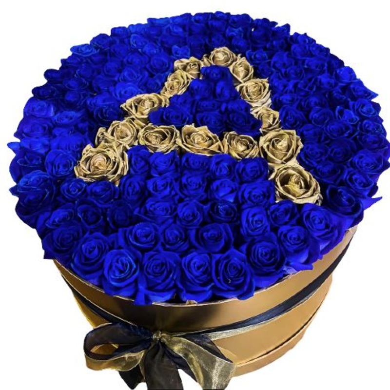 Elegant Blue and Gold Roses Initial Flower Box