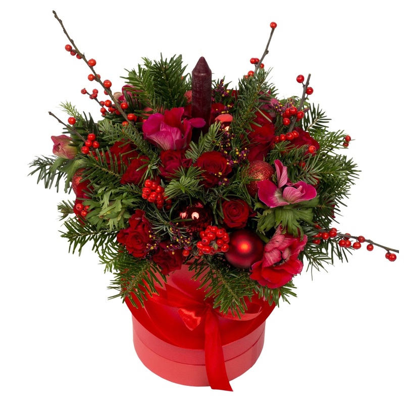 Festive Box in Red-Extra Small (10 stems) & Small (15 stems) & Regular (20 stems) & Medium (25 stems) & Large (30 stems) & Extra Large (35 stems) & Luxury (40 stems)-Hat Box & Square Box & Heart Box-Red Box & Cream Box & Black Box & Green Box & Grey Box