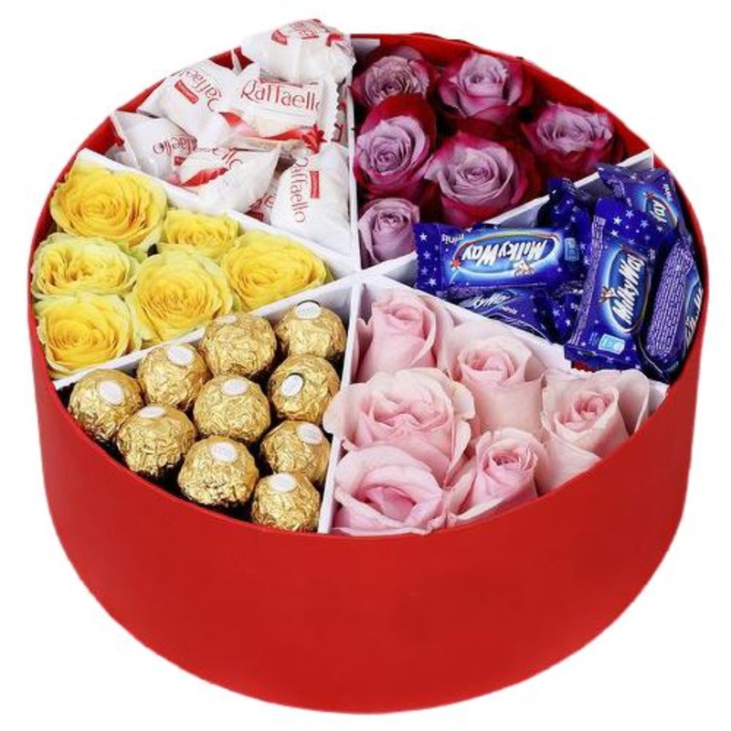 Magic Chocolate Box-Small ( 9 roses + 18 Chocolates) & Medium (18 Roses + 30 Chocolates) & Large (30 Roses + 40 Chocolates) & Luxury (45 Roses + 52 Chocolates) & Glamour (63 Roses + 78 Chocolates)-Ferrero Rocher + Raffaello + MilkyWay & Ferrero Rocher + W