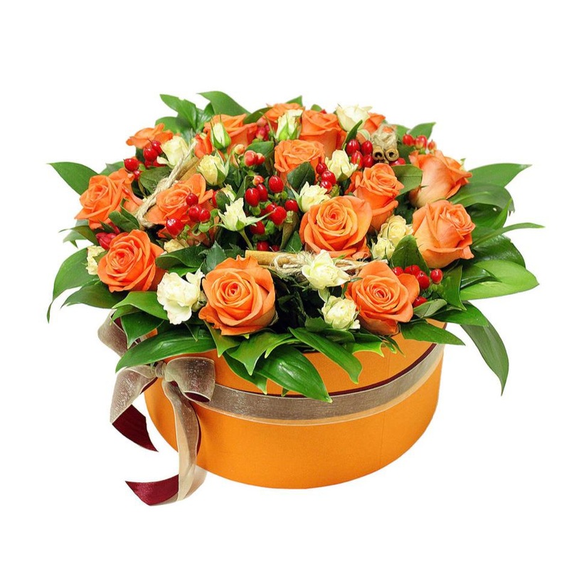 Orange Joy Box-Extra Small (10 stems) & Small (15 stems) & Regular (20 stems) & Medium (25 stems) & Large (30 stems) & Extra Large (40 stems) & Luxury (50 stems) & Glamour (65 stems) & Exclusive Glamour (80 stems) & Premium (100 stems)-Hat Box & Square Bo
