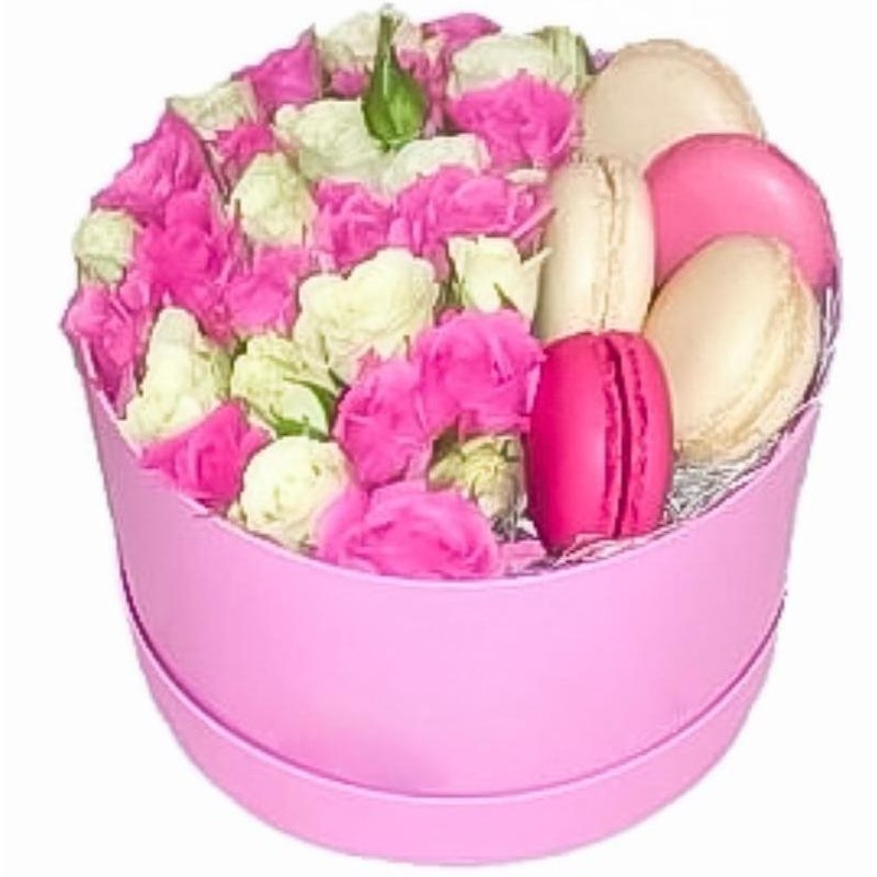Spray Roses with Macarons-Small (8 Spray Roses + 5 pcs Macaroons) & Medium (14 Spray Roses + 10 pcs Macaroons) & Large (20 Spray Roses + 14 pcs Macaroons) & Luxury (26 Spray Roses + 22 pcs Macaroons)-Heart Box & Square Box & Hat Box-Red & Pink & Cream & B