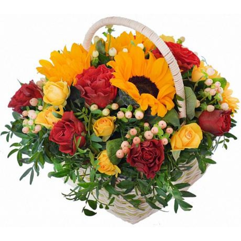 Sunflowers and Roses Basket-Small (15 stems) & Medium (25 stems) & Large (40 stems) & Extra Large (55 stems) & Luxury (65 stems) & Glamour (80 stems) & Exclusive Glamour (100 stems)-Natural Basket & Gold Basket & Gray Basket
