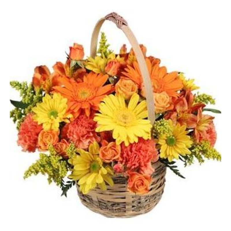 Sunset Flower Basket-Small (15 stems) & Regular (20 stems) & Medium (35 stems) & Large (50 stems) & Extra Large (65 stems) & Luxury (70 stems) & Glamour (85 stems) & Exclusive Glamour (100 stems)-Natural Basket & Gray Basket & Gold basket