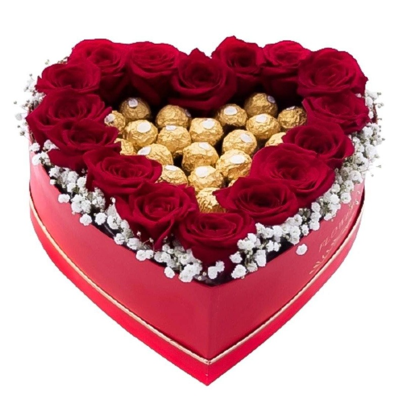 Sweet Romance Heart Box-Small (10 stems + 12 chocolate) & Regular (16 stems + 20 chocolate) & Large (24 stems + 24 chocolate) & Extra Large (32 stems + 32 chocolate) & Luxury (48 stems + 40 chocolate) & Glamour (64 stems + 48 chocolate) & Exclusive Glamou