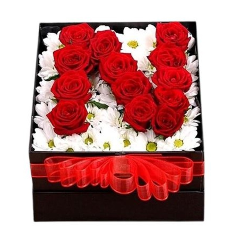 White Daisy Chrysanthemum and Roses Initial Flower Box