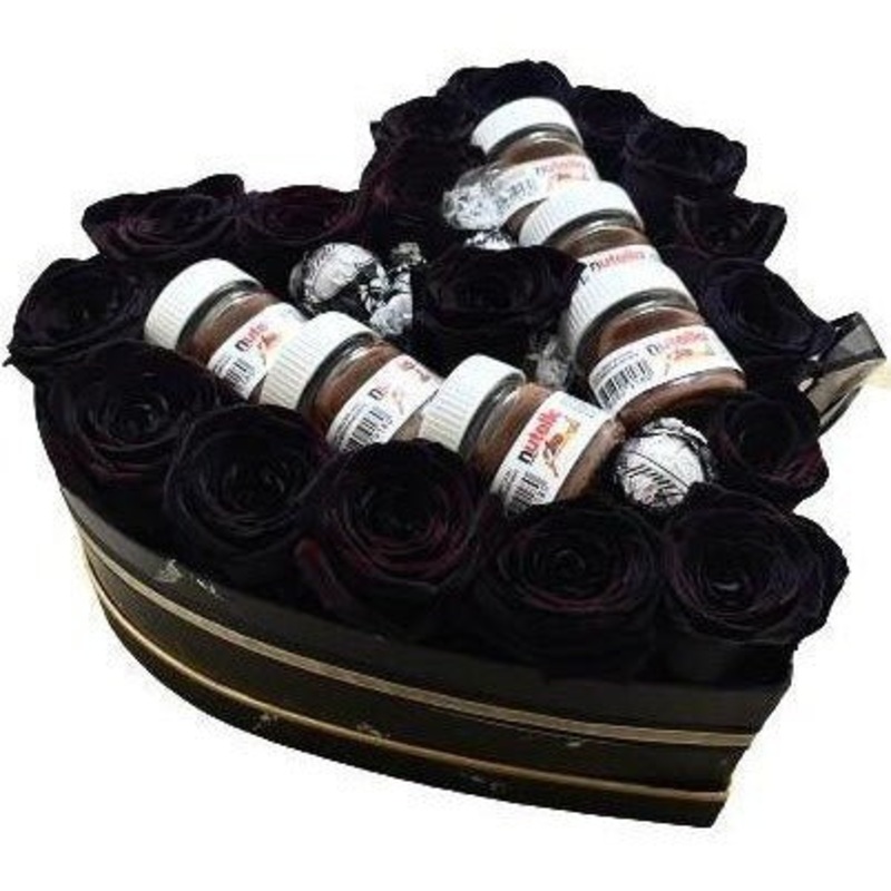 Black Roses with Nutella Box-Small (18 Roses + 6 Nutella + 8 Lindt ) & Medium ( 30 Roses + 10 Nutella + 16 Lindt) & Large (42 Roses + 14 Nutella + 20 Lindt) & Luxury (52 Roses + 16 Nutella + 28 Lindt)-Black & White & Red-Nutella + Black Lindt Lindor & Nut