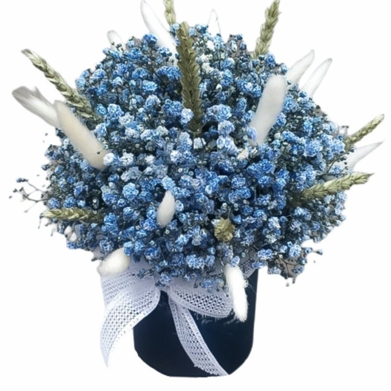Cute Blue Gypsophila in a Box-Extra Small (10 stems) & Small (15 stems) & Medium (20 stems) & Regular (25 stems) & Large (30 stems) & Extra Large (40 stems) & Luxury (55 stems) & Glamour (70 stems) & Exclusive Glamour (100 stems)-Hat & Heart & Square-BLAC