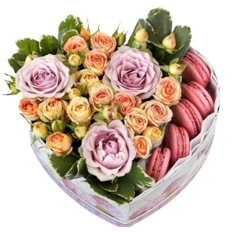 Delicious Box with Macaroons-Small (8 Stems + 5 Macaroons) & Regular (15 Stems + 8 Macaroons) & Medium (24 Stems + 12 Macaroons) & Large (36 Stems + 16 Macaroons) & Luxury (48 Stems + 20 Macaroons) & Glamour (60 Stems + 24 Macaroons)-Heart & Hat & Rectang