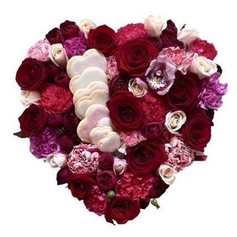 Flowers Box with Cookies-Small (20 Stems + 4 Cookies) & Medium (35 Stems + 8 Cookies) & Large (50 Stems + 12 Cookies) & Luxury (65 Stems + 16 Cookies) & Glamour (85 Stems + 24 Cookies)-Heart Box & Hat Box & Rectangle Box-Black & Red & Pink & White & Gold